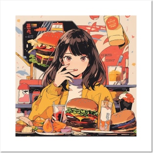 Girl in burger restaurant Posters and Art